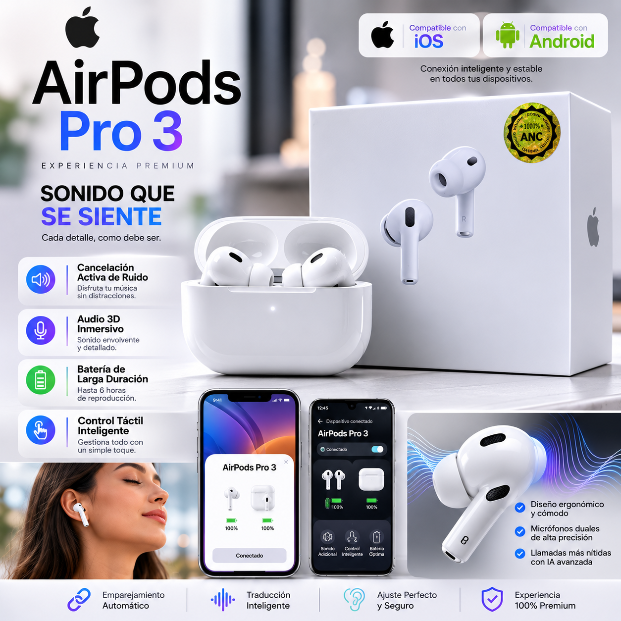 Airpods Pro 3 Traducción IOS y Android 1:1